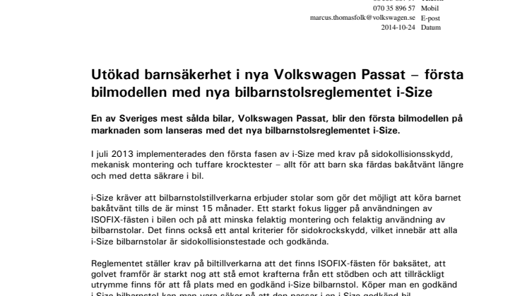 Utökad barnsäkerhet i nya Volkswagen Passat – första bilmodellen med nya bilbarnstolsreglementet i-Size