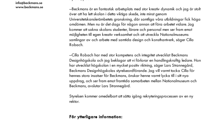 Beckmans rektor Cilla Robach går till Nationalmuseum
