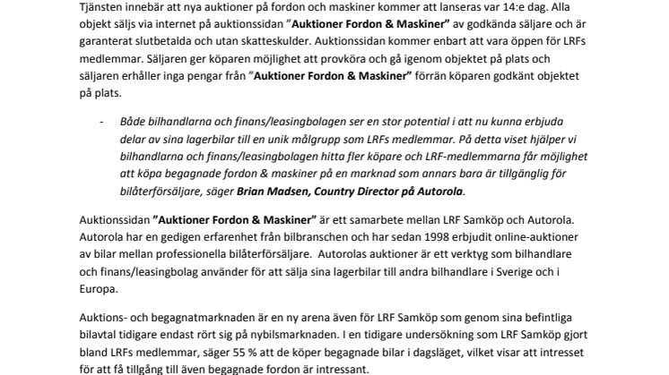 Unik auktionssite för begagnade fordon och maskiner öppnar för LRFs medlemmar