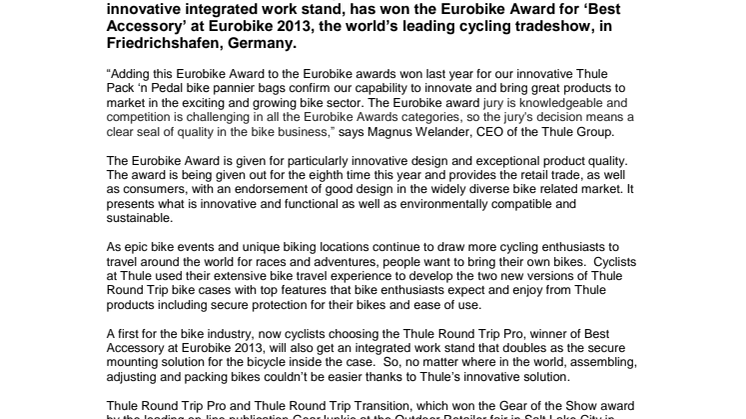 Thule Round Trip Pro awarded the prestigious  Eurobike Award for Best Accessory