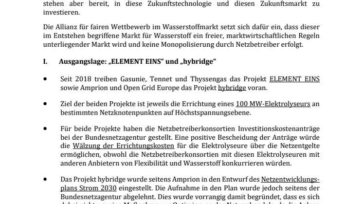 Positionspapier der Allianz für fairen Wettbewerb im Wasserstoffmarkt
