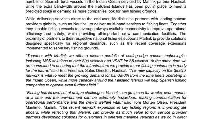 Marlink boosts satellite capacity for Indian Ocean and Falkland Islands fishing vessels