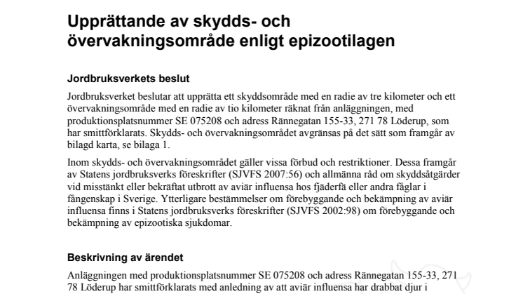 Beslut om upprättande av skydds- och övervakningsområde