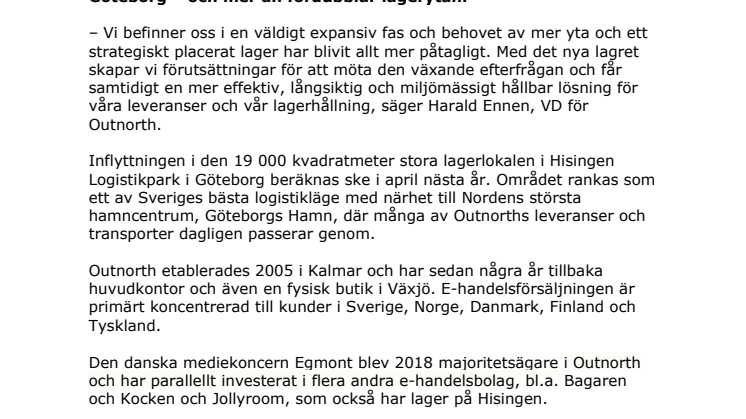 Outnorth fortsätter expansionen och flyttar lager till Göteborg