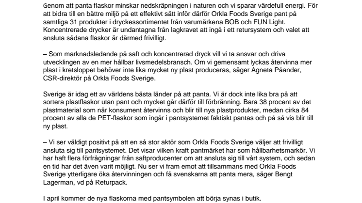 Orkla Foods Sverige inför pant på plastflaskor 