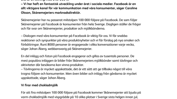 Över 100 000 följer Skånemejerier på Facebook