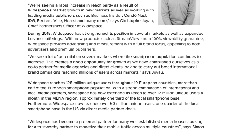 Widespace räckvidd ökar - når 200 miljoner smartphoneanvändare i Europa, USA och Mellanöstern.