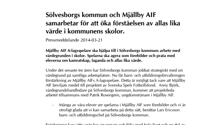 Sölvesborgs kommun och Mjällby AIF samarbetar för att öka förståelsen av allas lika värde i kommunens skolor