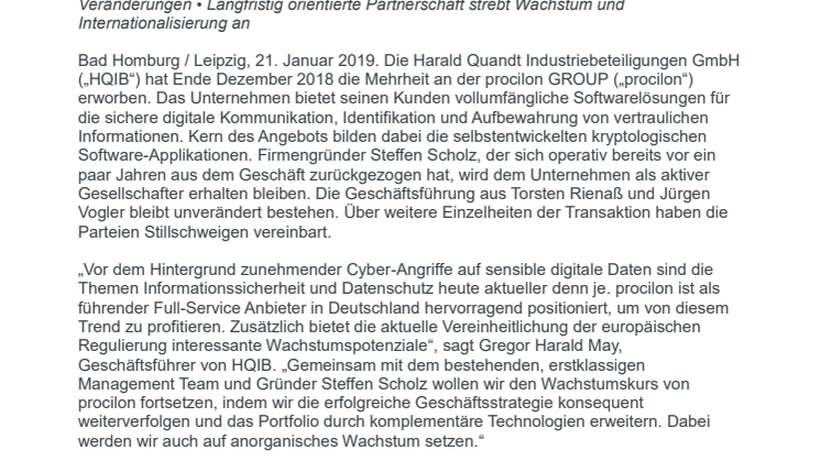 Harald Quandt Industriebeteiligungen übernimmt Mehrheit an procilon GROUP