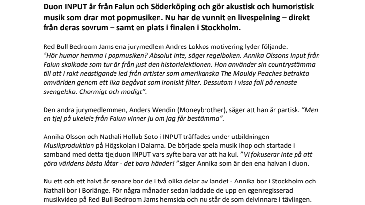 Tjejduon INPUT är första delvinnare i musiktävlingen Red Bull Bedroom Jam