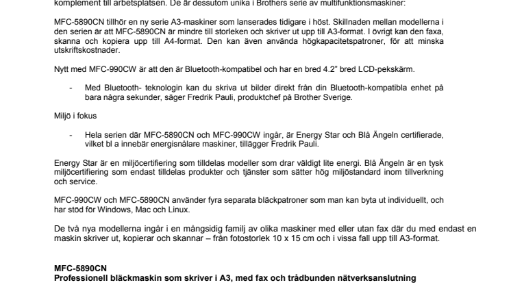 Brother International Sweden AB: Två nya bläck multifunktionsmaskiner med Bluetooth-anslutning och A3-utskrift