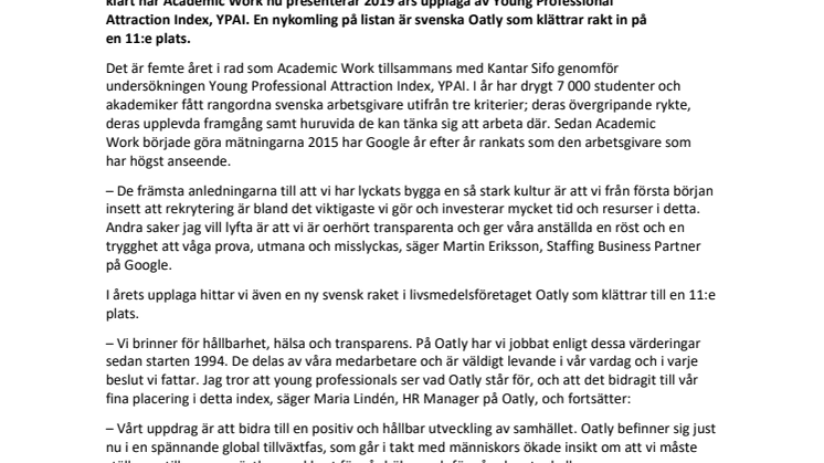 Google topprankat och Oatly bubblare – Här är Sveriges högst ansedda arbetsgivare