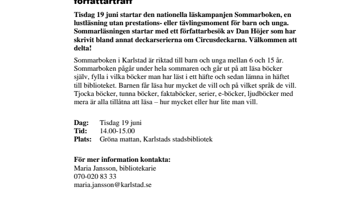 Pressinbjudan: Sommarboken startar med författarbesök