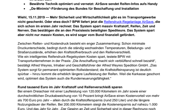 Spart laufend Kraftstoff, Reifen, Zeit und CO2: BPW liefert ab sofort intelligente Reifendruck-Regelanlage AirSave