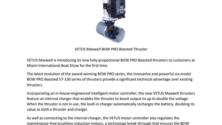 VETUS Maxwell - Miami International Boat Show: New VETUS Maxwell BOW PRO Boosted Thrusters Available at Miami International Boat Show