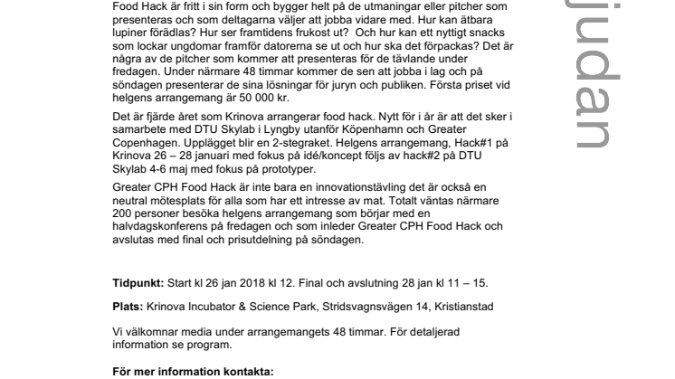 Pressinbjudan: Greater CPH Food Hack på Krinova i Kristianstad 26 – 28 januari
