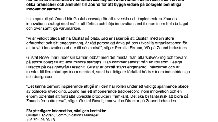 Gustaf Rosell blir ny Innovation Director på Zound Industries