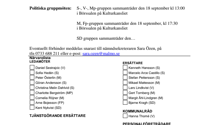 Malmö kulturnämnds sammanträde den 20 september