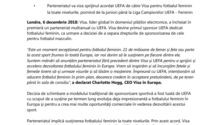 Visa semnează în premieră un acord cu UEFA pentru a susţine fotbalul feminin