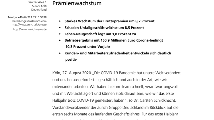 Zurich Gruppe Deutschland mit robustem Halbjahresergebnis und starkem Prämienwachstum
