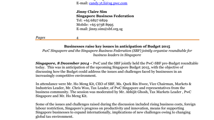 Businesses raise key issues in anticipation of Budget 2015
