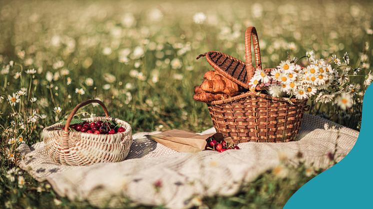 Bild av picknick korg i sommaräng