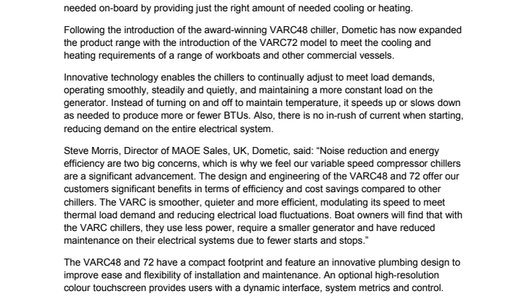 Dometic: Answers Demand for Quiet and Efficient Systems with Launch of Varc72 Variable Capacity Chiller 