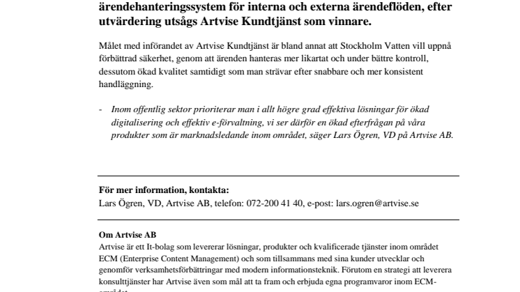 Stockholm Vatten inför Artvise Kundtjänst som systemstöd för ärendehantering!