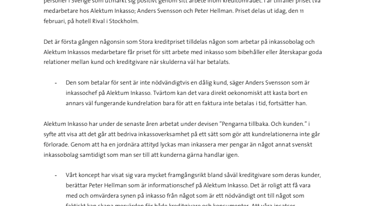 Medarbetare på inkassobolag tilldelas Stora kreditpriset