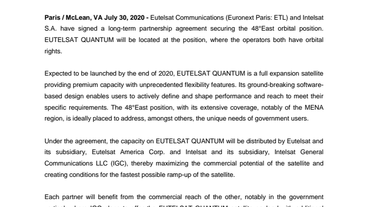 Eutelsat and Intelsat sign multi-year, strategic agreement to secure the 48°East orbital position for EUTELSAT QUANTUM 