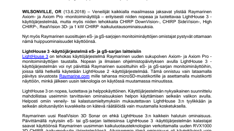 Raymarine: Uusin Raymarine-käyttöjärjestelmä ja kaikuluotausteknologia käyttöön ohjelmistopäivityksellä