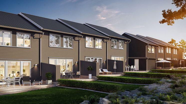 Visionsbild för hur ett radhusområde kan se ut i det nya bostadsområdet i Stora Uppåkra. 