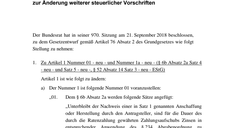 Bundesrat Stellungnahme Stellungnahme vom 21.09.2018