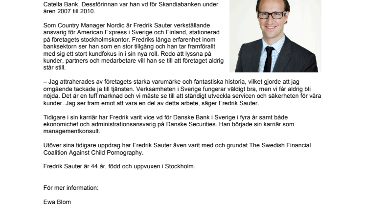 Fredrik Sauter ny vd för American Express