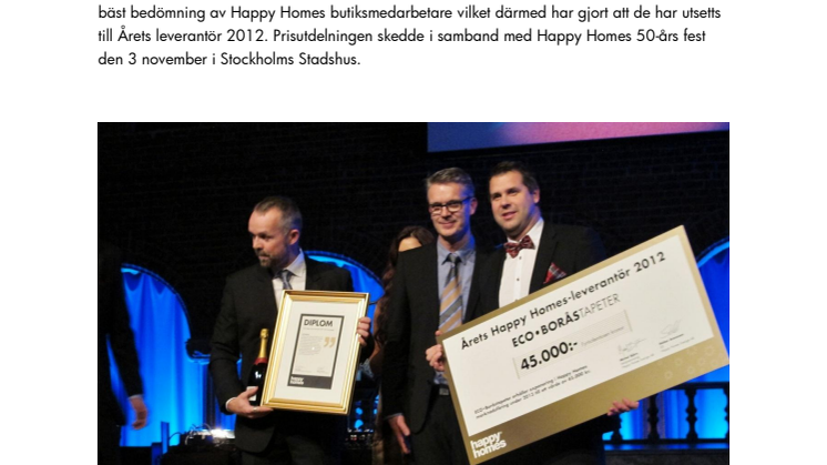 Happy Homes har utsett Eco-BoråsTapeter till Årets leverantör