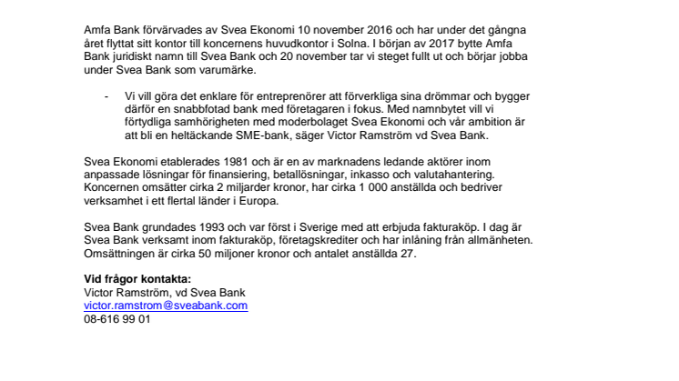 Amfa Bank byter namn till Svea Bank