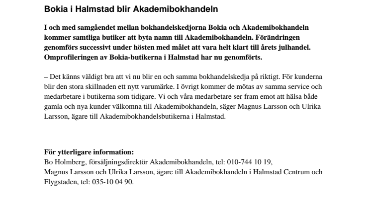 Bokia i Halmstad blir Akademibokhandeln 