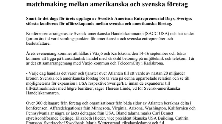 Över 15 000 nya kontakter kommer att tas under årlig matchmaking mellan amerikanska och svenska företag