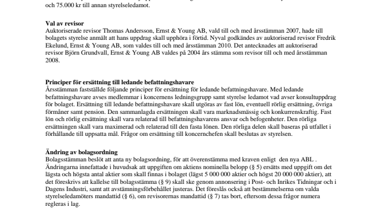 Kommuniké efter bolagsstämman samt det konstituerande styrelsemötet