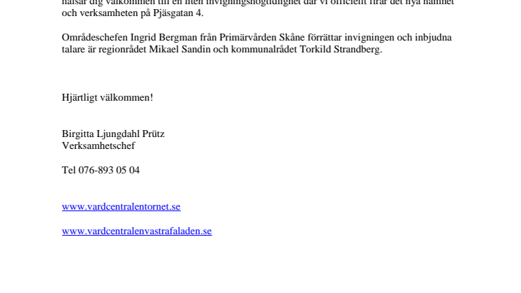 Välkommen till invigning av Vårdcentralen Tornet den 1 februari kl 10.00