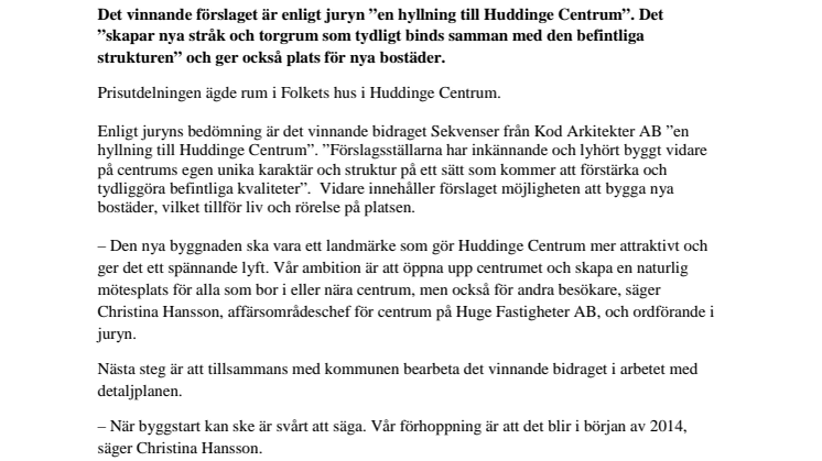 Nya mötesplatser och bostäder i vinnande förslaget i Huddinge Centrums arkitekttävling Paradiset