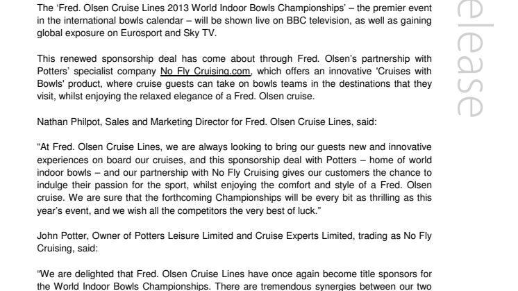 Fred. Olsen Cruise Lines renews its title sponsorship  of the ‘2013 World Indoor Bowls Championships’