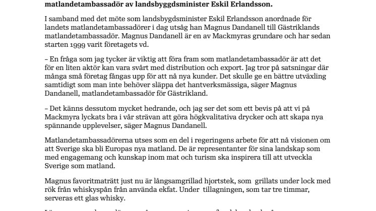 Mackmyra-grundare utsedd till ambassadör för Gästrikland