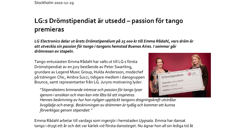 LG:s Drömstipendiat är utsedd – passion för tango premieras 
