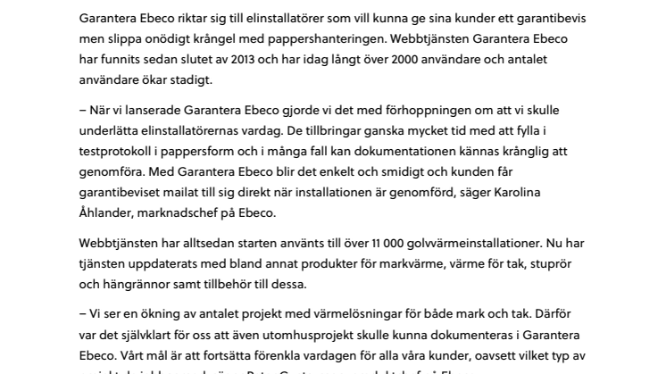 Nu kan du även dokumentera värmelösningar för mark och tak i Garantera Ebeco