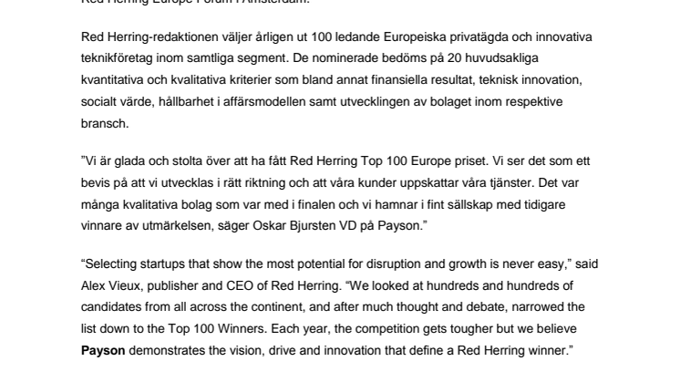 Payson får utmärkelsen Red Herring Topp 100 bolag i Europa