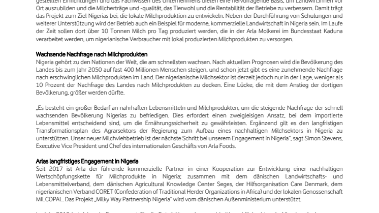Unterstützung der lokalen Milchproduktion: Arla baut landwirtschaftlichen Milchbetrieb in Nigeria