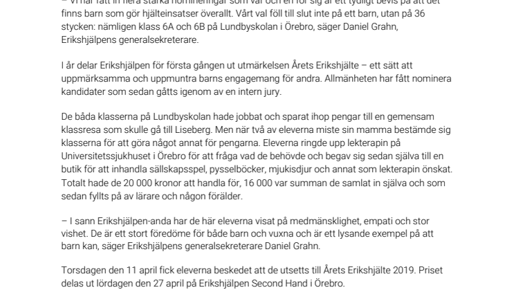 Sjätteklassare gav bort skolresepengar – får hjältepris av Erikshjälpen