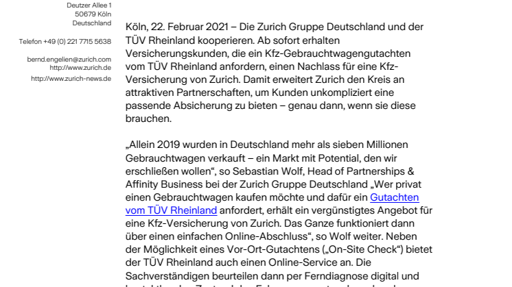 Zurich und TÜV Rheinland kooperieren: TÜV-Kunden profitieren von vergünstigter Kfz-Versicherung 