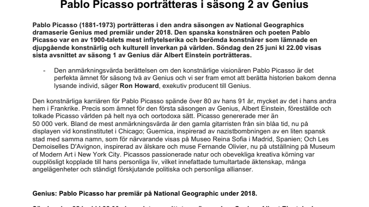 ​Pablo Picasso porträtteras i säsong 2 av Genius